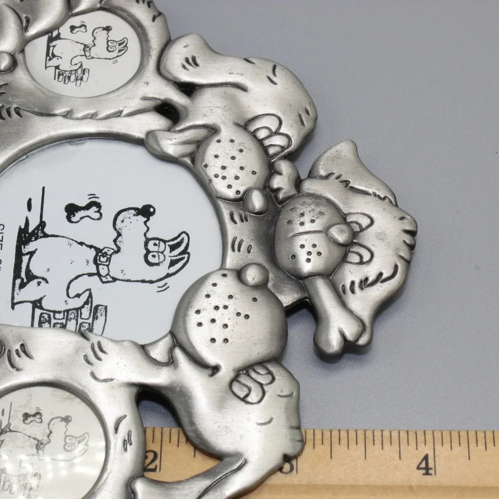 Pewter Dog Multi Photo Frame 4 Opening Puppy Cartoon Silver Tabletop Decor